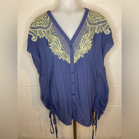 ⭐️ Esley Blue Yellow Embroidered Boho Beach Cover-up  Women's Size Small - Picture 8 of 14